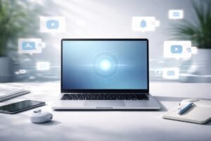 Portátil en escritorio minimalista con iconos de notificaciones difuminados alrededor simbolizando concentración digital y control de distracciones.