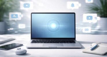 Portátil en escritorio minimalista con iconos de notificaciones difuminados alrededor simbolizando concentración digital y control de distracciones.