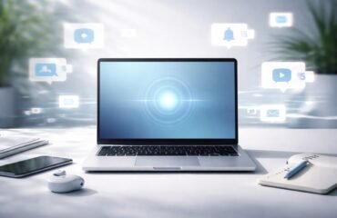Portátil en escritorio minimalista con iconos de notificaciones difuminados alrededor simbolizando concentración digital y control de distracciones.