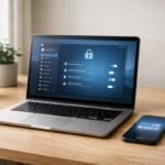 Portátil moderno en escritorio de madera mostrando ajustes de seguridad, junto a smartphone con app de autenticación, en oficina doméstica con luz natural.