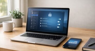 Portátil moderno en escritorio de madera mostrando ajustes de seguridad, junto a smartphone con app de autenticación, en oficina doméstica con luz natural.