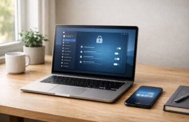 configuracion-seguridad-portatil-autenticacion-2fa Portátil moderno en escritorio de madera mostrando ajustes de seguridad, junto a smartphone con app de autenticación, en oficina doméstica con luz natural.