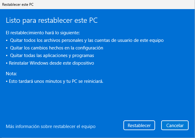 Pantalla final de confirmación en Windows 11 titulada "Listo para restablecer este PC", detallando que se eliminarán archivos personales, aplicaciones y cambios en la configuración.