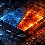 Primer plano macro de un procesador CPU instalado en una placa base, dividido visualmente en dos mitades: una azul con circuitos fríos y otra roja incandescente con ondas de calor, representando el contraste entre refrigeración y sobrecalentamiento del rendimiento.