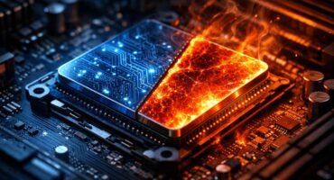 Primer plano macro de un procesador CPU instalado en una placa base, dividido visualmente en dos mitades: una azul con circuitos fríos y otra roja incandescente con ondas de calor, representando el contraste entre refrigeración y sobrecalentamiento del rendimiento.