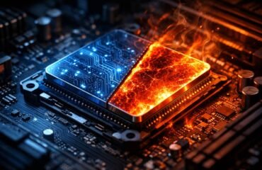 cpu-overheating-vs-cooling Primer plano macro de un procesador CPU instalado en una placa base, dividido visualmente en dos mitades: una azul con circuitos fríos y otra roja incandescente con ondas de calor, representando el contraste entre refrigeración y sobrecalentamiento del rendimiento.