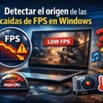 Ilustración de portátil con aviso de baja tasa de FPS y gráficos de rendimiento para detectar caídas de FPS en Windows