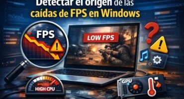 Ilustración de portátil con aviso de baja tasa de FPS y gráficos de rendimiento para detectar caídas de FPS en Windows