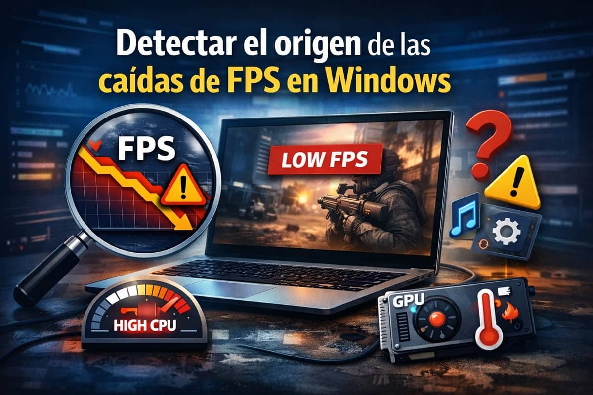 detectar-caidas-fps-windows Ilustración de portátil con aviso de baja tasa de FPS y gráficos de rendimiento para detectar caídas de FPS en Windows