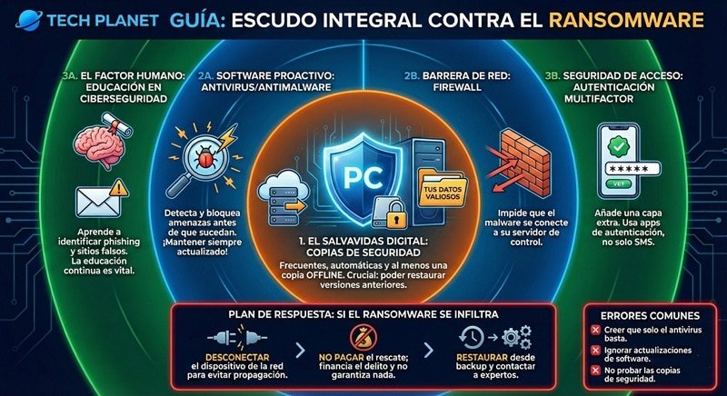 Infografía sobre protección integral contra ransomware con copias de seguridad, antivirus, firewall y autenticación multifactor en PC.