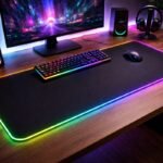Alfombrilla de ratón gaming de gran tamaño sobre escritorio de madera con iluminación RGB colorida en un setup limpio y moderno.