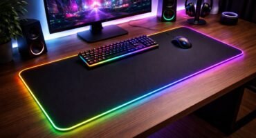 Alfombrilla de ratón gaming de gran tamaño sobre escritorio de madera con iluminación RGB colorida en un setup limpio y moderno.