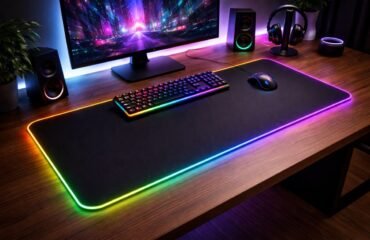 gaming-mousepad-rgb-escritorio-madera Alfombrilla de ratón gaming de gran tamaño sobre escritorio de madera con iluminación RGB colorida en un setup limpio y moderno.