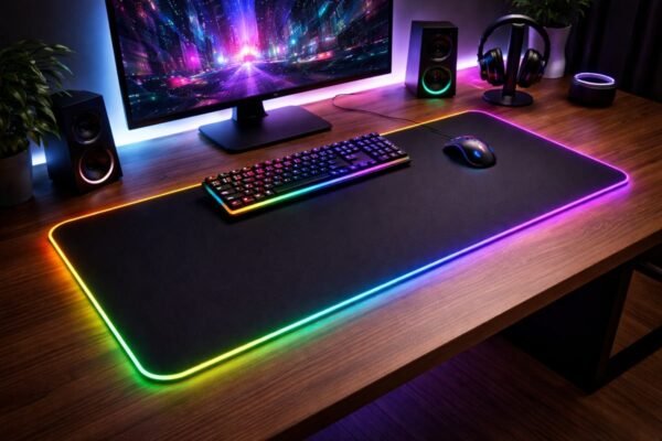Alfombrilla de ratón gaming de gran tamaño sobre escritorio de madera con iluminación RGB colorida en un setup limpio y moderno.