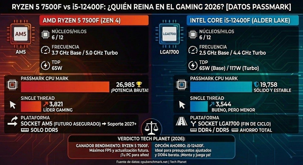 Infografía comparativa Ryzen 5 7500F vs Intel i5-12400F con benchmarks PassMark y especificaciones técnicas 2026