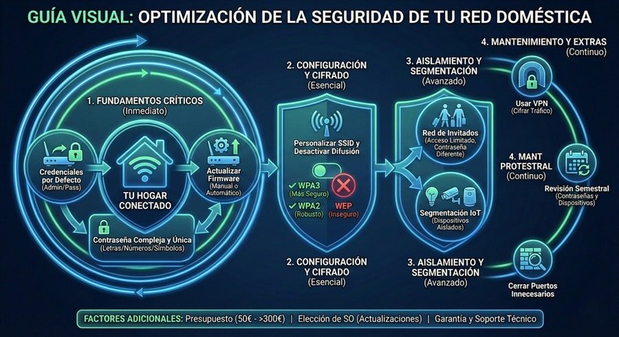 Infografía con una guía visual paso a paso para optimizar la seguridad de la red doméstica, que abarca desde el cambio de contraseñas y actualización de firmware hasta el cifrado, segmentación de red y uso de VPN.