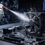 Proceso de limpieza del polvo en un PC usando aire comprimido sobre el ventilador y el disipador del procesador.