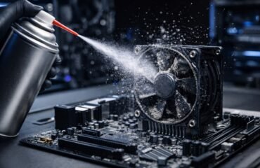 Proceso de limpieza del polvo en un PC usando aire comprimido sobre el ventilador y el disipador del procesador.