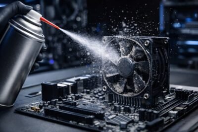 Proceso de limpieza del polvo en un PC usando aire comprimido sobre el ventilador y el disipador del procesador.