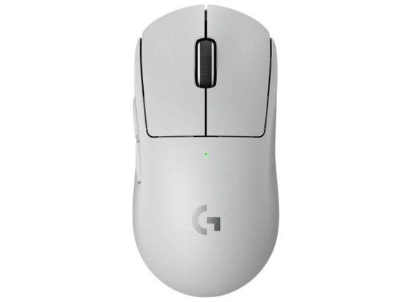 Ratón gaming Logitech G Pro X Superlight 2 en color blanco visto desde arriba, diseño simétrico minimalista e inalámbrico.