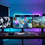 etup gaming moderno mostrando tres de los mejores monitores 1440p de 2026: un Alienware en el centro y dos LG UltraGear en los laterales, sobre un escritorio de madera oscuro con iluminación RGB azul y morada.
