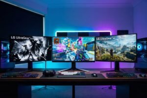 etup gaming moderno mostrando tres de los mejores monitores 1440p de 2026: un Alienware en el centro y dos LG UltraGear en los laterales, sobre un escritorio de madera oscuro con iluminación RGB azul y morada.