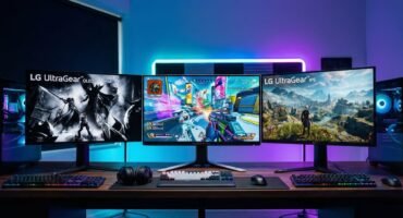 etup gaming moderno mostrando tres de los mejores monitores 1440p de 2026: un Alienware en el centro y dos LG UltraGear en los laterales, sobre un escritorio de madera oscuro con iluminación RGB azul y morada.