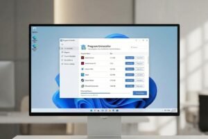 Captura de pantalla de un monitor con Windows 11 mostrando una interfaz de una aplicación de desinstalador de programas, con una lista de software instalado y un proceso de eliminación en curso.