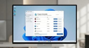 Captura de pantalla de un monitor con Windows 11 mostrando una interfaz de una aplicación de desinstalador de programas, con una lista de software instalado y un proceso de eliminación en curso.