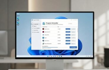 Captura de pantalla de un monitor con Windows 11 mostrando una interfaz de una aplicación de desinstalador de programas, con una lista de software instalado y un proceso de eliminación en curso.