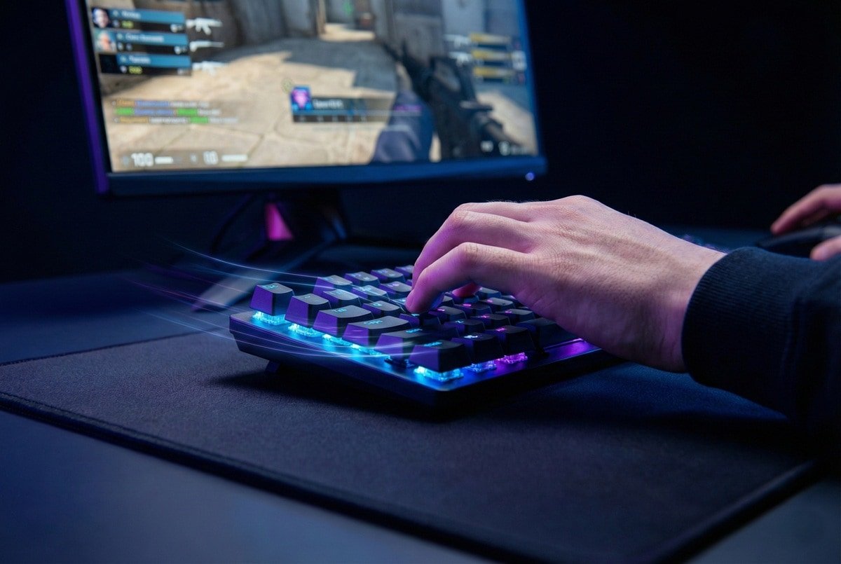 mejores-teclados-esports Jugador compitiendo en una partida de shooter utilizando uno de los mejores teclados para e-sports de 2026 con iluminación RGB y formato compacto.
