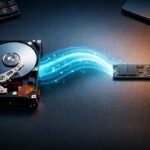Disco duro HDD mecánico de 3.5 pulgadas frente a un SSD NVMe M.2 con flujo digital azul simbolizando migración y clonación de datos en un entorno tecnológico.