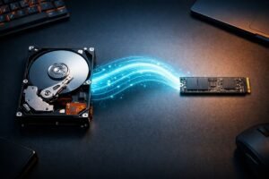 Disco duro HDD mecánico de 3.5 pulgadas frente a un SSD NVMe M.2 con flujo digital azul simbolizando migración y clonación de datos en un entorno tecnológico.