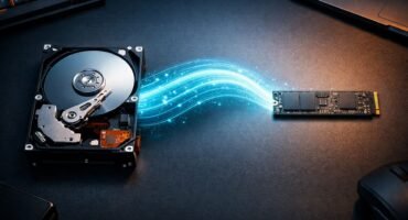 Disco duro HDD mecánico de 3.5 pulgadas frente a un SSD NVMe M.2 con flujo digital azul simbolizando migración y clonación de datos en un entorno tecnológico.