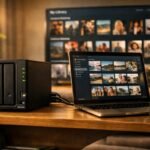 NAS doméstico de dos bahías conectado a portátil y smartphone en un salón moderno con luz cálida, mostrando almacenamiento en red y biblioteca multimedia en TV.