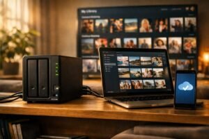 NAS doméstico de dos bahías conectado a portátil y smartphone en un salón moderno con luz cálida, mostrando almacenamiento en red y biblioteca multimedia en TV.