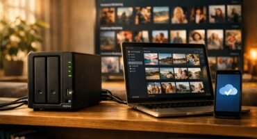 NAS doméstico de dos bahías conectado a portátil y smartphone en un salón moderno con luz cálida, mostrando almacenamiento en red y biblioteca multimedia en TV.