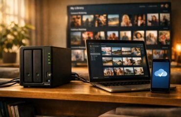 NAS doméstico de dos bahías conectado a portátil y smartphone en un salón moderno con luz cálida, mostrando almacenamiento en red y biblioteca multimedia en TV.