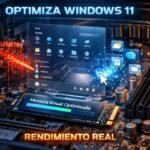Interior de un PC con interfaz holográfica de Windows 11 mostrando optimización del sistema y mejora de rendimiento.