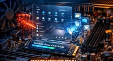 Interior de un PC con interfaz holográfica de Windows 11 mostrando optimización del sistema y mejora de rendimiento.