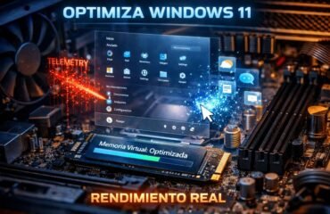 Interior de un PC con interfaz holográfica de Windows 11 mostrando optimización del sistema y mejora de rendimiento.