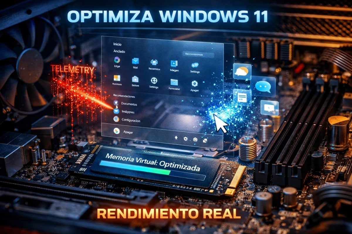 optimizar-windows-11-rendimiento-pc Interior de un PC con interfaz holográfica de Windows 11 mostrando optimización del sistema y mejora de rendimiento.
