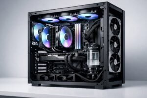 PC gaming de sobremesa con caja abierta mostrando los componentes internos y sistema de refrigeración RGB en un entorno minimalista.