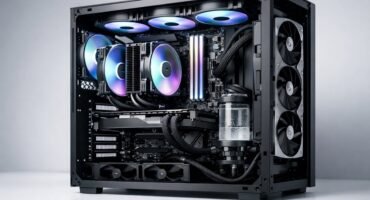 PC gaming de sobremesa con caja abierta mostrando los componentes internos y sistema de refrigeración RGB en un entorno minimalista.