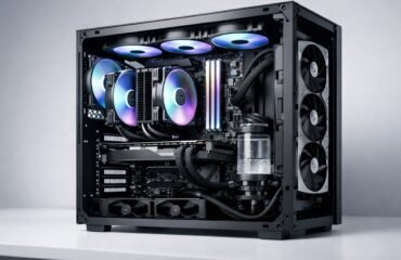 pc-apaga-jugando PC gaming de sobremesa con caja abierta mostrando los componentes internos y sistema de refrigeración RGB en un entorno minimalista.