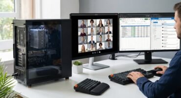 etup de teletrabajo con un PC de torre sobrio y un disipador de aire visible, junto a dos monitores que muestran una videollamada y hojas de cálculo, representando el equipo ideal para productividad.