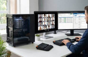 etup de teletrabajo con un PC de torre sobrio y un disipador de aire visible, junto a dos monitores que muestran una videollamada y hojas de cálculo, representando el equipo ideal para productividad.