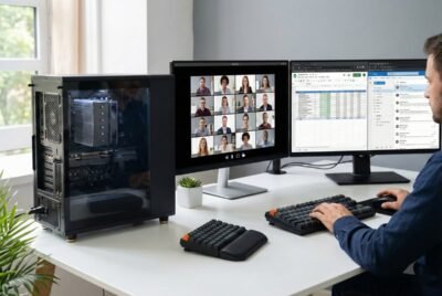 etup de teletrabajo con un PC de torre sobrio y un disipador de aire visible, junto a dos monitores que muestran una videollamada y hojas de cálculo, representando el equipo ideal para productividad.