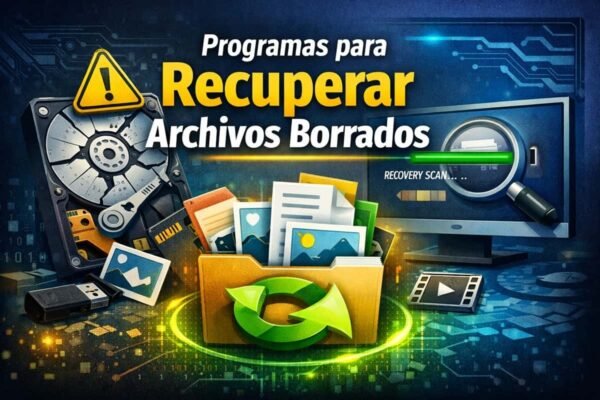 Ilustración representativa de software de recuperación de archivos borrados en un ordenador con escaneo activo de datos