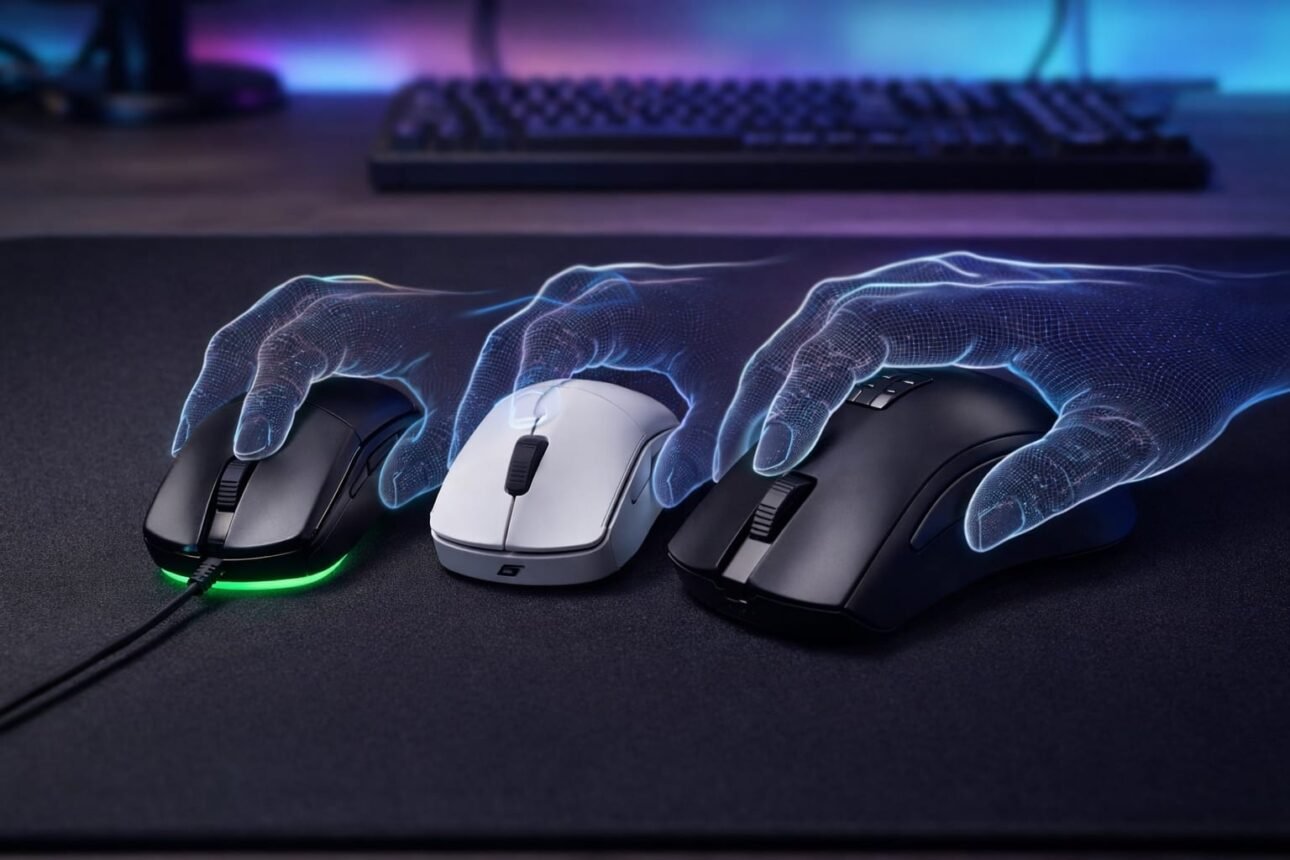 Comparativa de ratón según el tamaño de tu mano con tres modelos gaming de distintos tamaños sobre alfombrilla negra y contorno holográfico representando ergonomía.